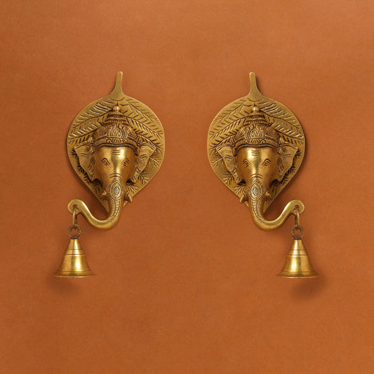 Brass Ganesha Bell On Leaf Wall Hanging (7.5 Inch)