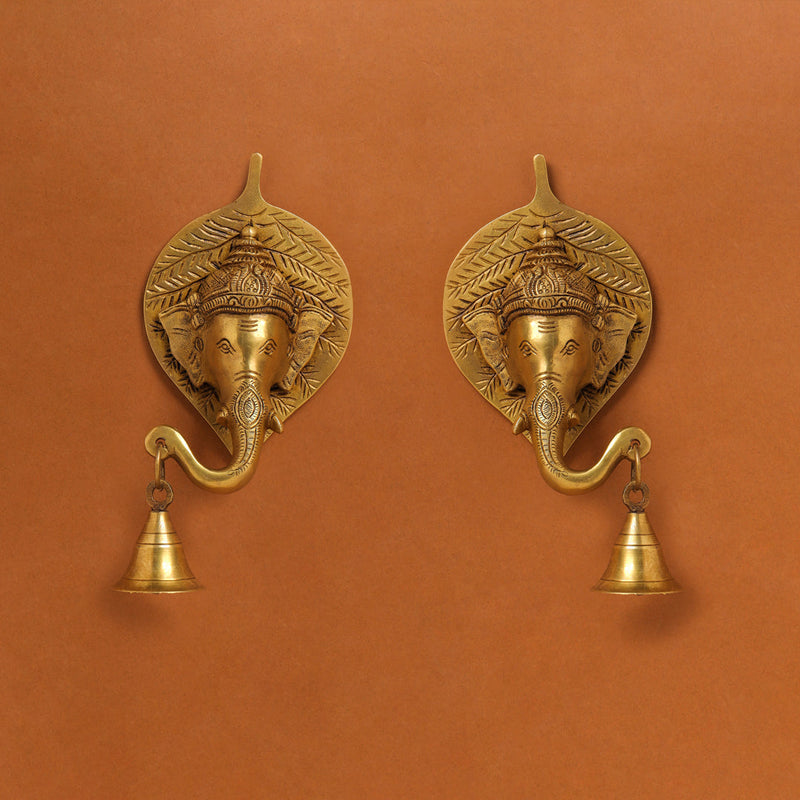 Brass Ganesha Bell On Leaf Wall Hanging (7.5 Inch)