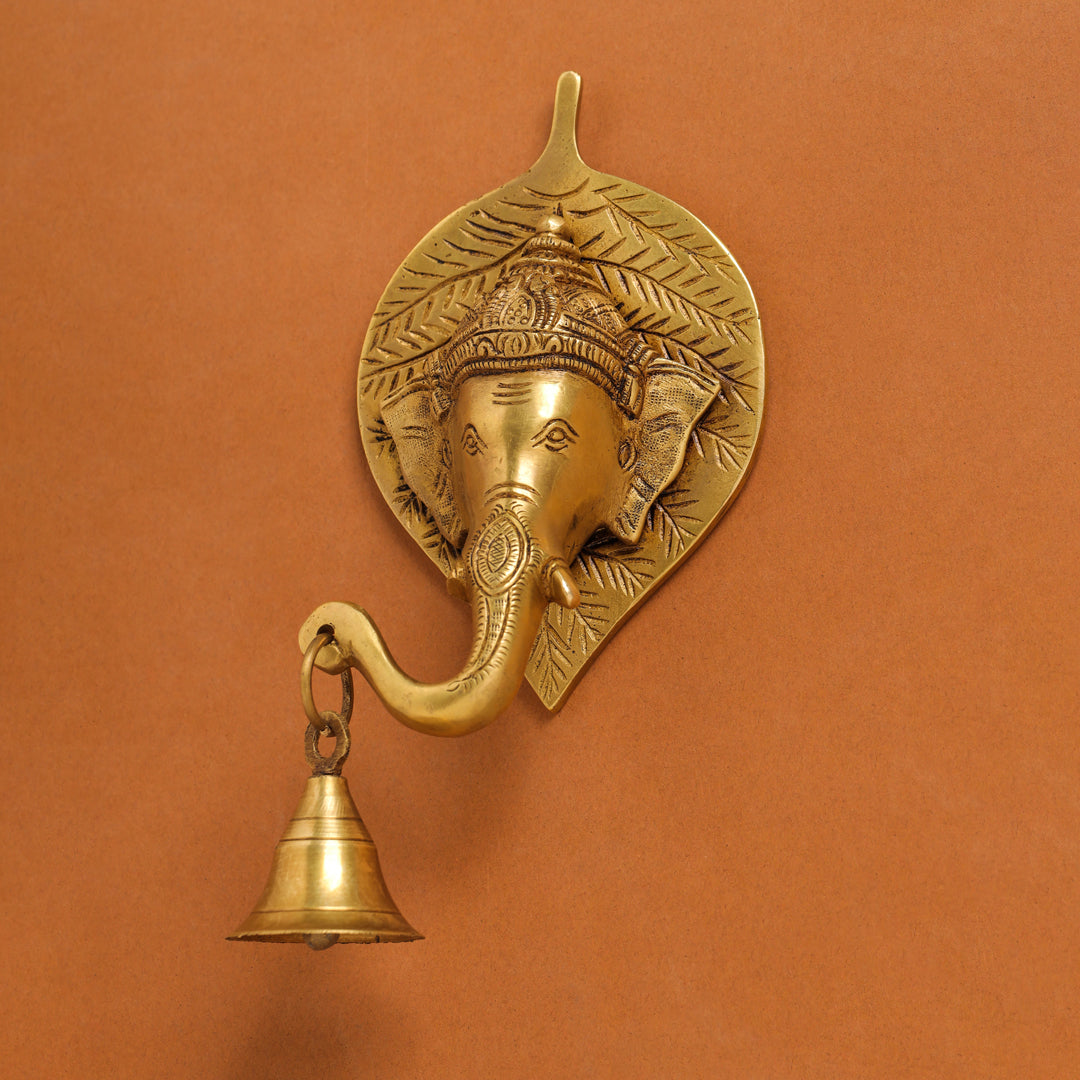 Brass Ganesha Bell On Leaf Wall Hanging (7.5 Inch)