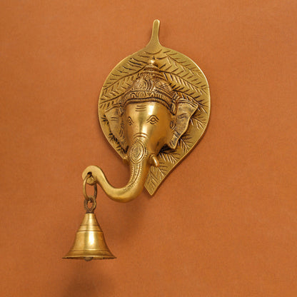 Brass Ganesha Bell On Leaf Wall Hanging (7.5 Inch)