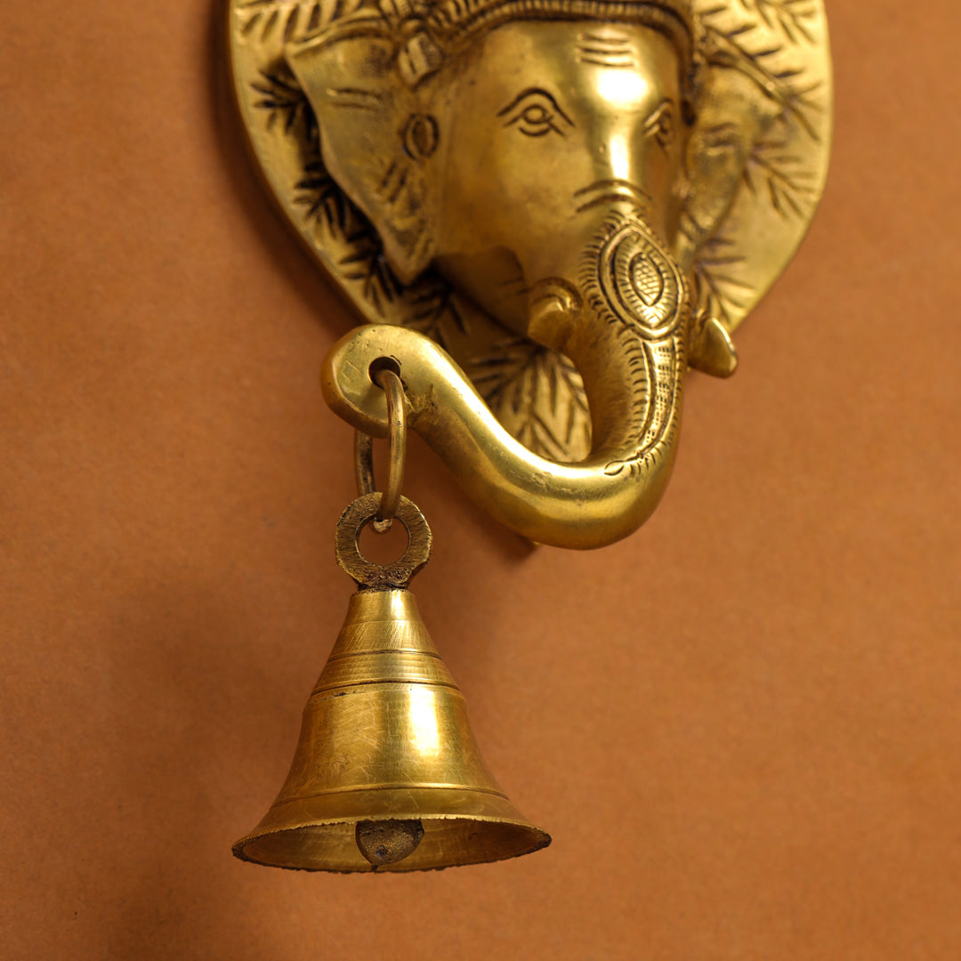 Brass Ganesha Bell On Leaf Wall Hanging (7.5 Inch)