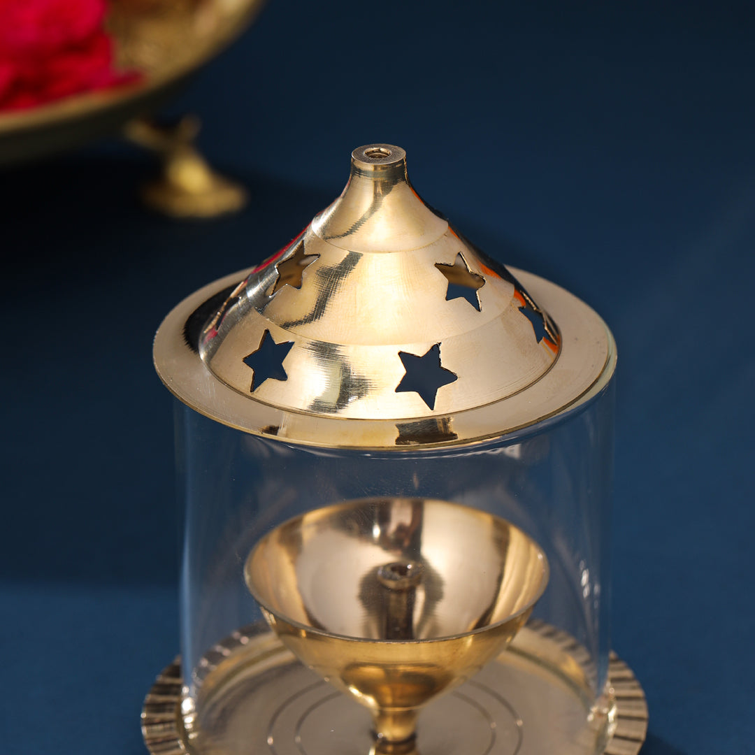 Brass Glass Akhand Jyoti Star Diya (6 Inch)