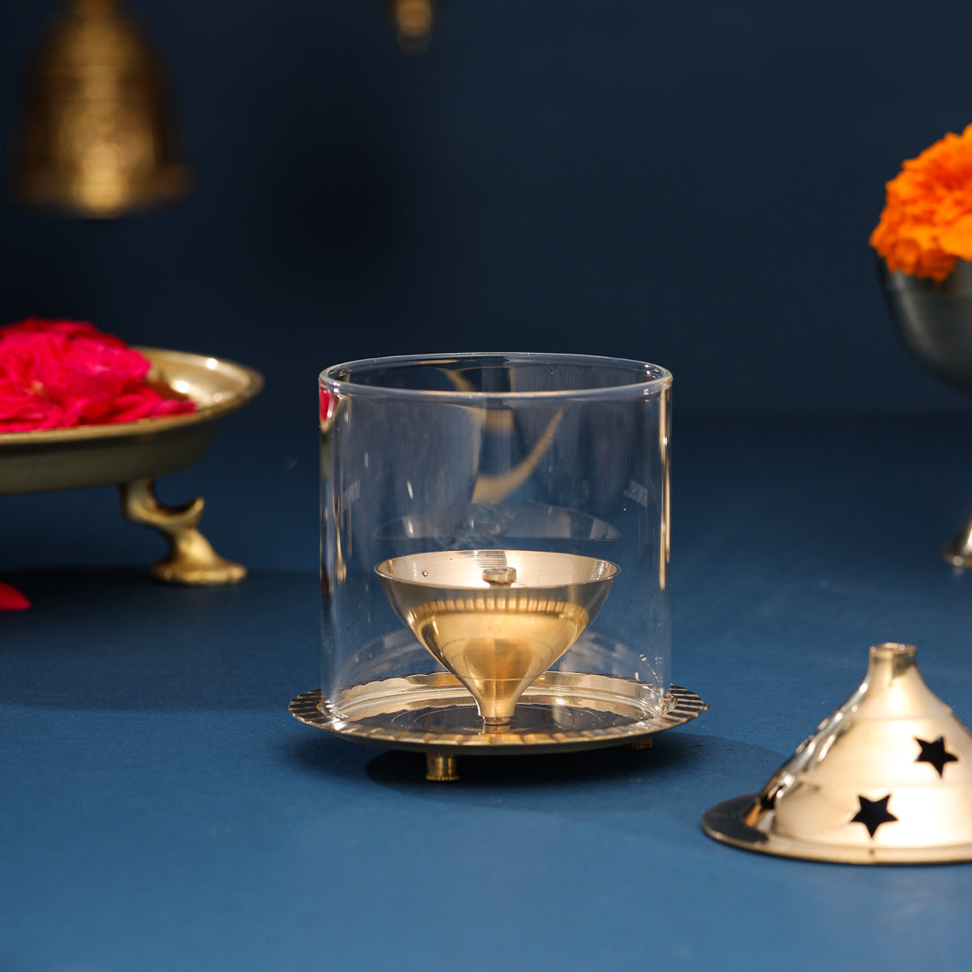 Brass Glass Akhand Jyoti Star Diya (6 Inch)