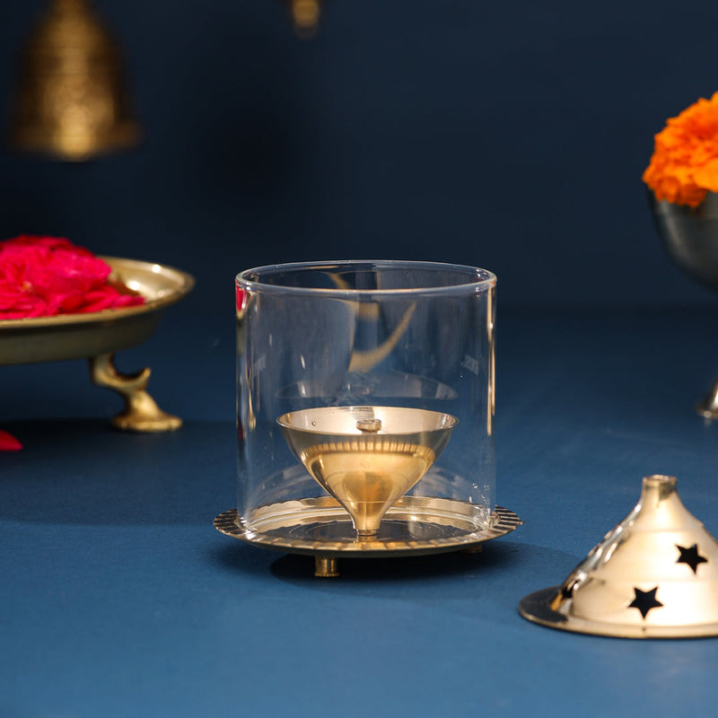 Brass Glass Akhand Jyoti Star Diya (6 Inch)