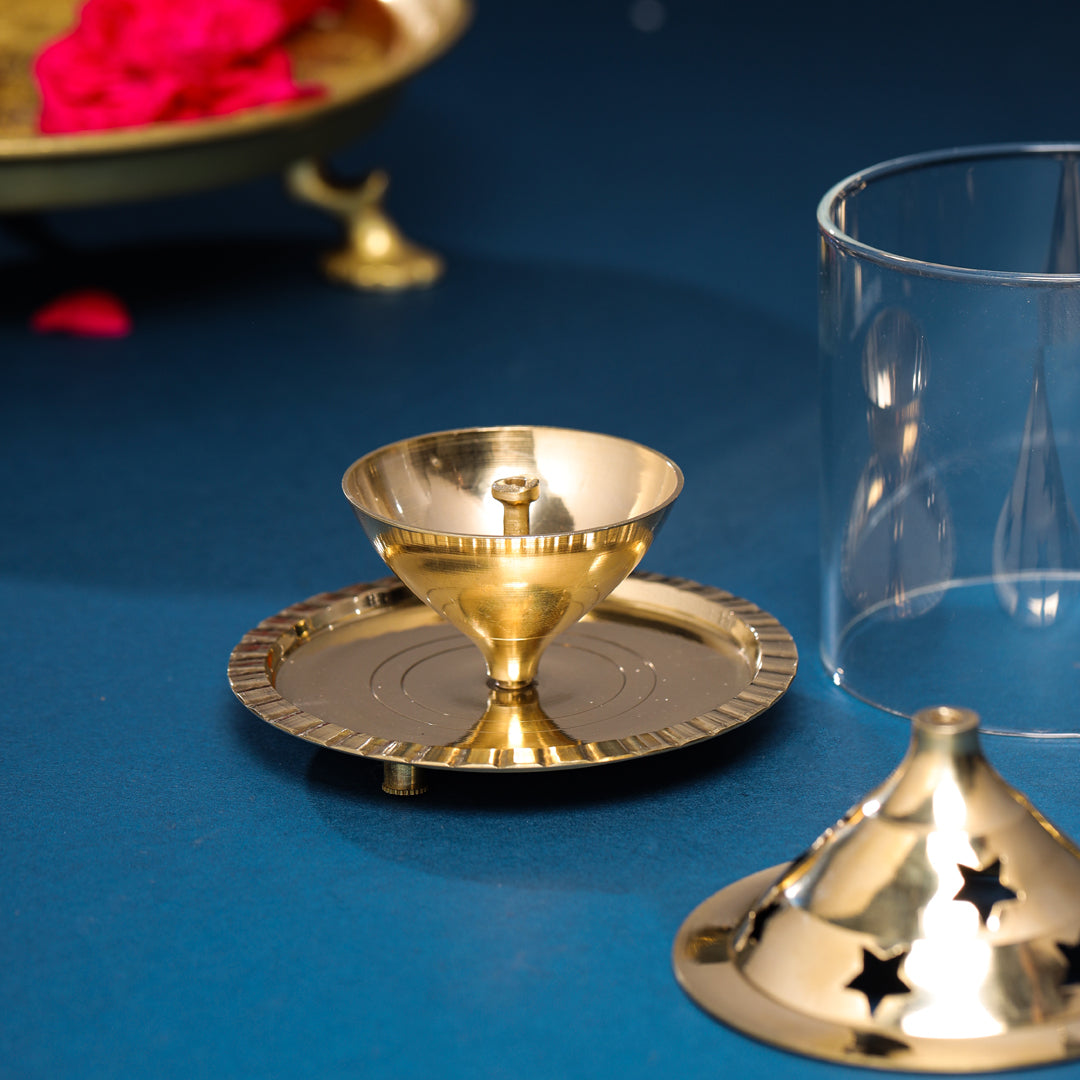 Brass Glass Akhand Jyoti Star Diya (6 Inch)