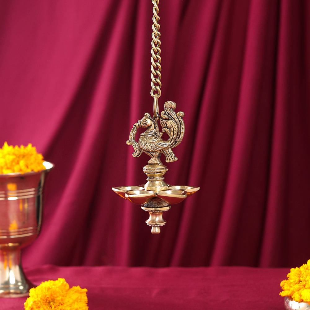 Brass Peacock Five Petal Hanging Diya (26 Inch)