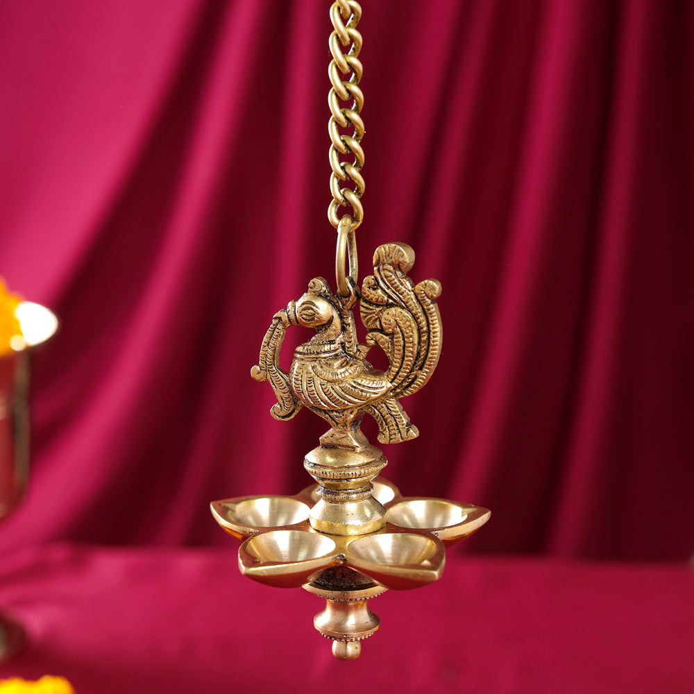 Brass Peacock Five Petal Hanging Diya (26 Inch)
