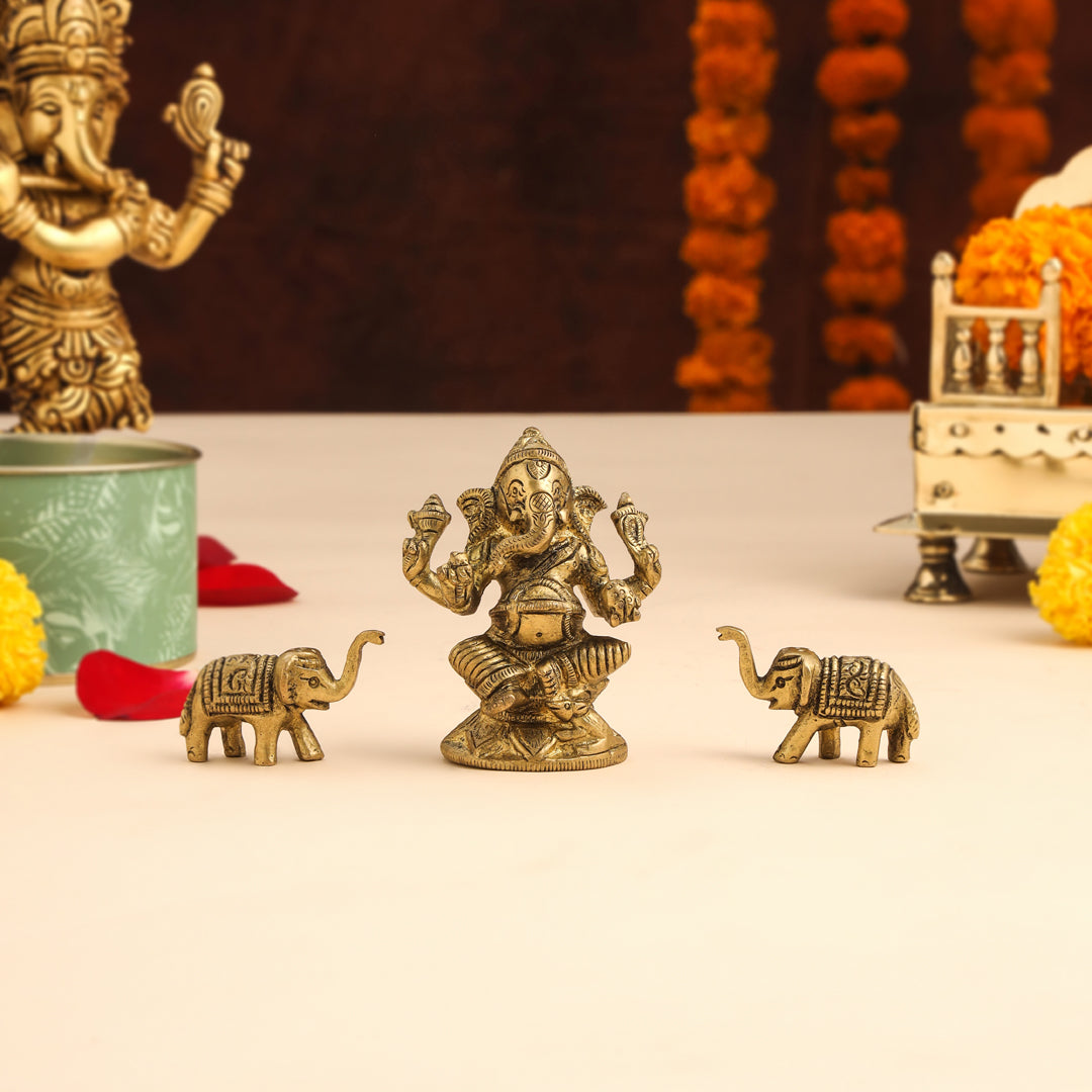 Brass Ganesha Idol With Elephants Combo