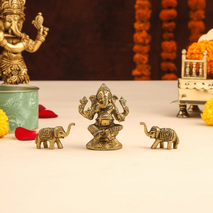 Brass Ganesha Idol With Elephants Combo