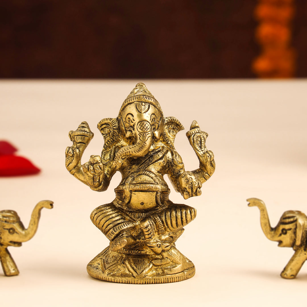 Brass Ganesha Idol With Elephants Combo