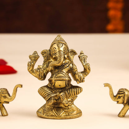 Brass Ganesha Idol With Elephants Combo
