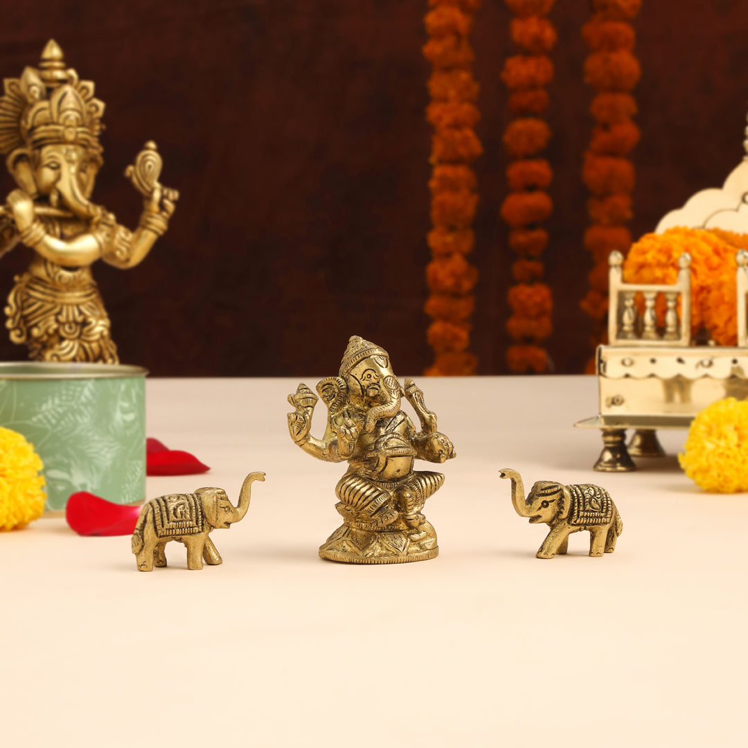 Brass Ganesha Idol With Elephants Combo