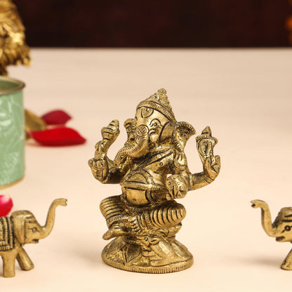 Brass Ganesha Idol With Elephants Combo