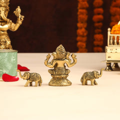 Brass Ganesha Idol With Elephants Combo