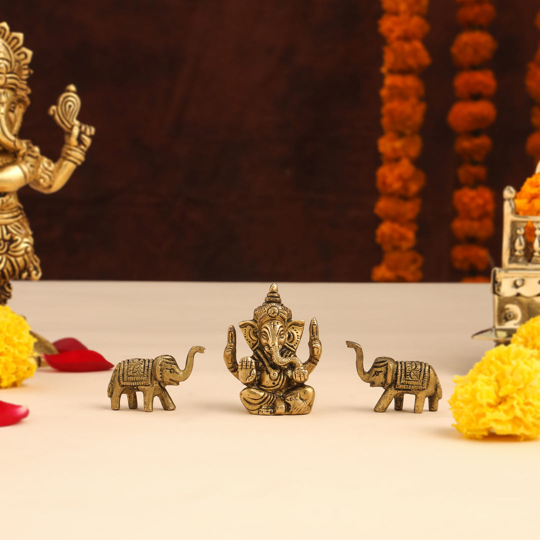 Brass Ganesha Idol With Elephants Combo