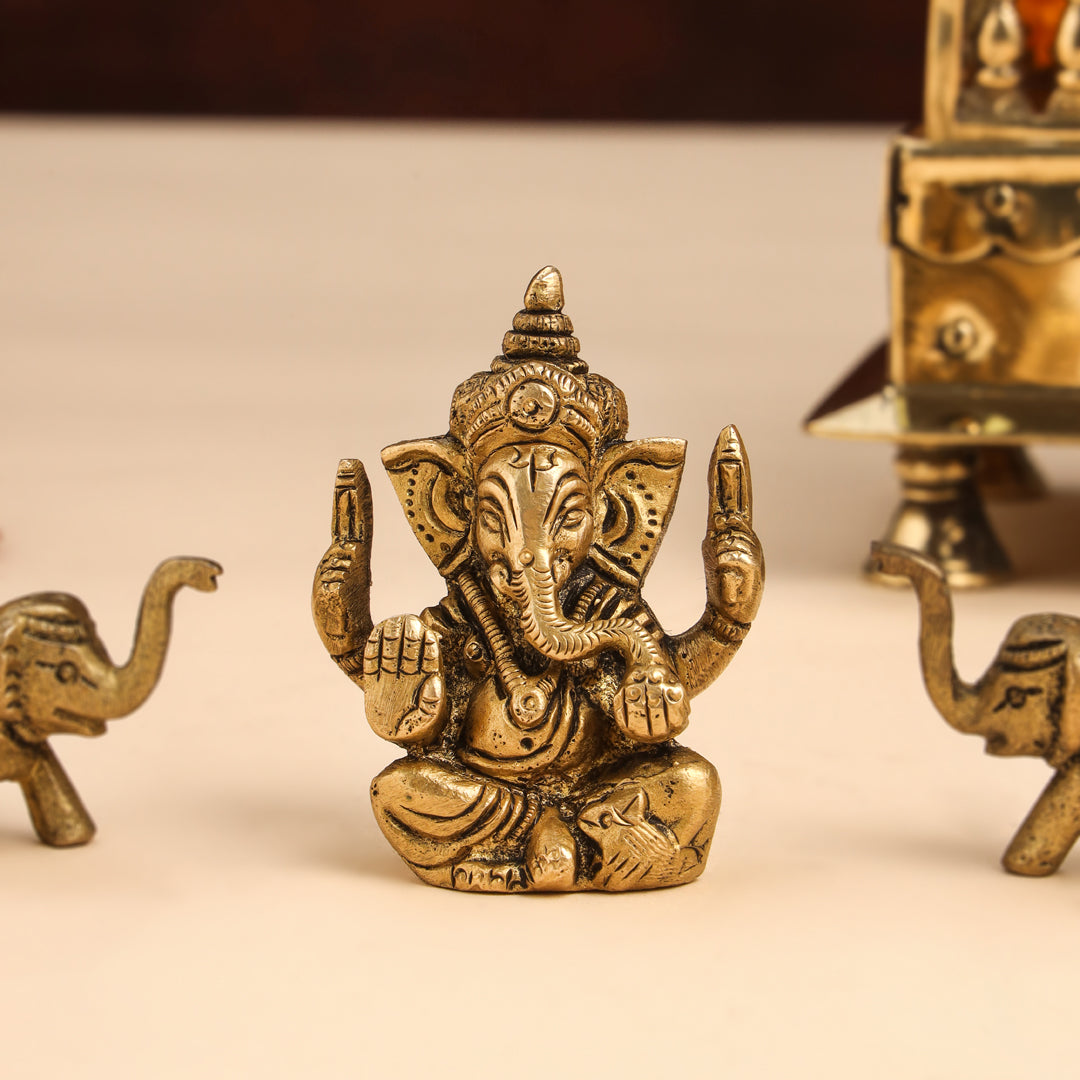 Brass Ganesha Idol With Elephants Combo