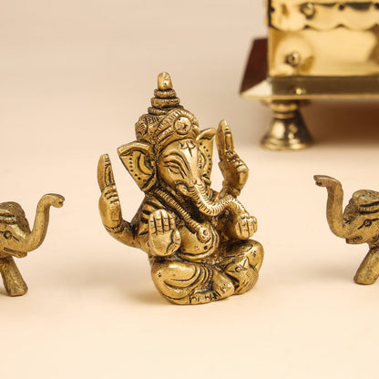 Brass Ganesha Idol With Elephants Combo