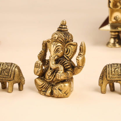 Brass Ganesha Idol With Elephants Combo