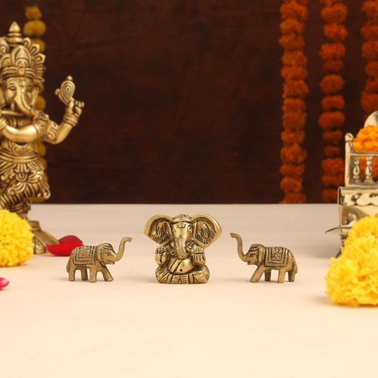 Brass Ganesha Idol With Elephants Combo
