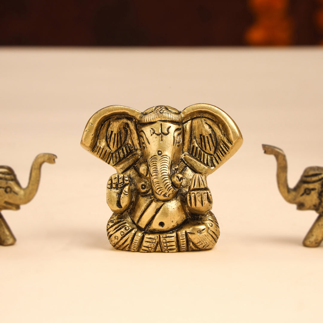 Brass Ganesha Idol With Elephants Combo