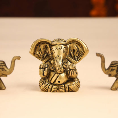 Brass Ganesha Idol With Elephants Combo