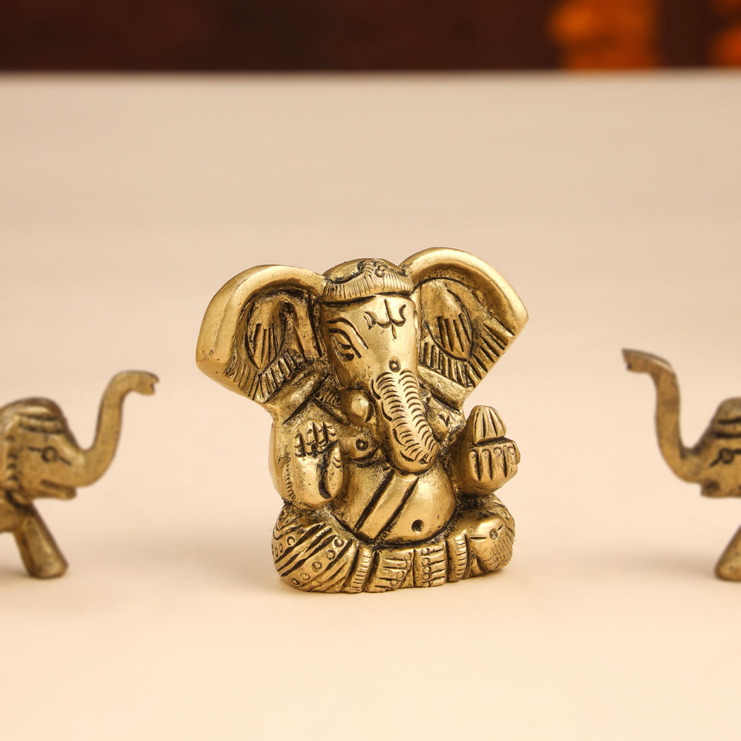 Brass Ganesha Idol With Elephants Combo