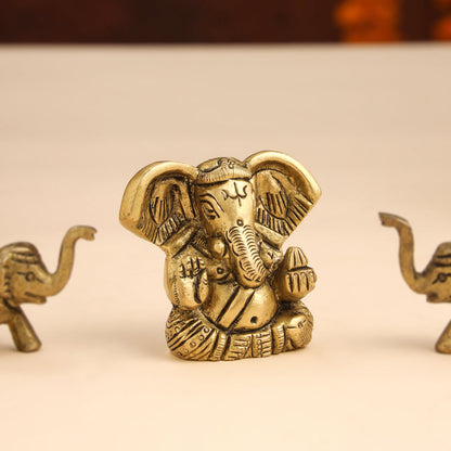 Brass Ganesha Idol With Elephants Combo