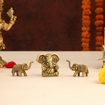 Brass Ganesha Idol With Elephants Combo
