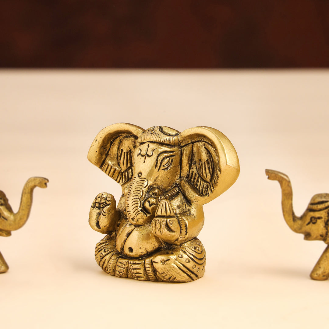 Brass Ganesha Idol With Elephants Combo