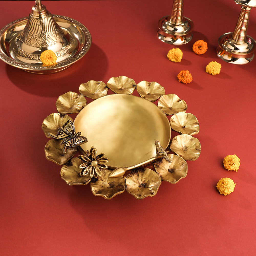 Brass Designer Flower And Butterfly Urli (4.8 Inch)
