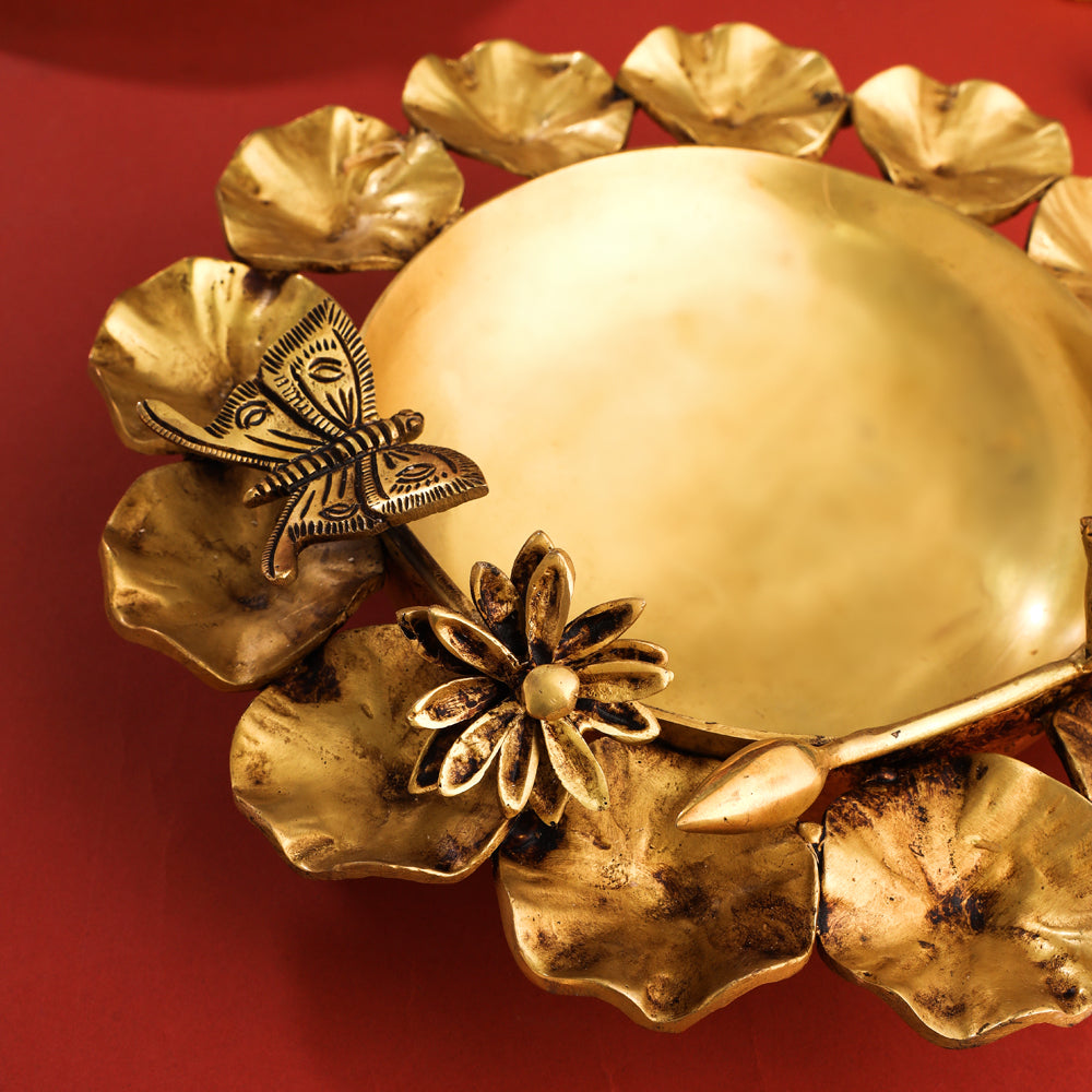 Brass Designer Flower And Butterfly Urli (4.8 Inch)
