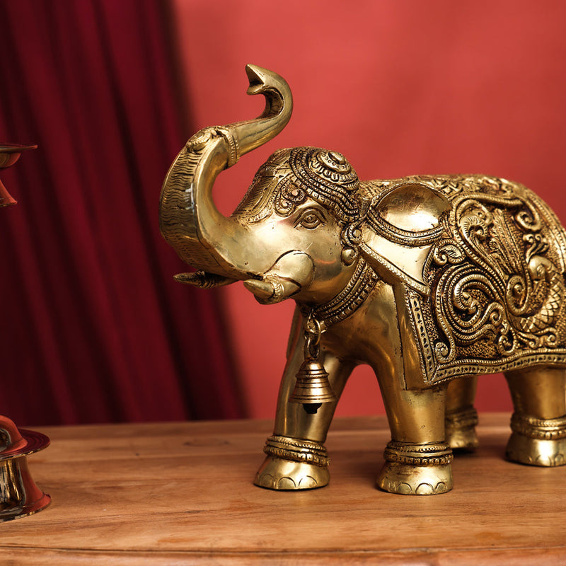 Brass Handcarved Elephant Statue (10 Inch)