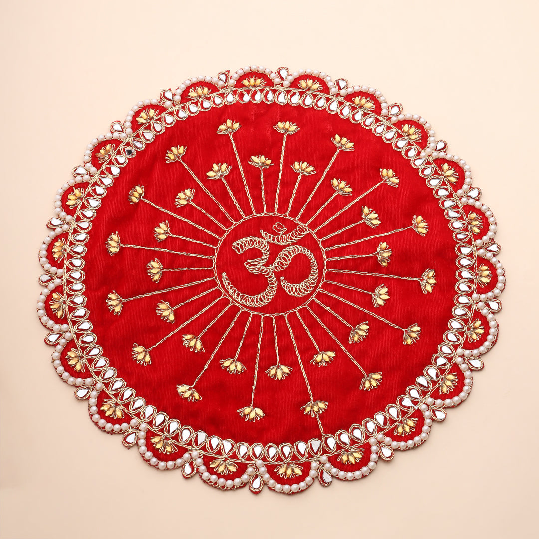 Pearl And Mirror Work Red Velvet God Pooja Asana (8 Inch)