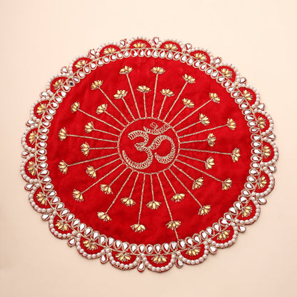 Pearl And Mirror Work Red Velvet God Pooja Asana (8 Inch)