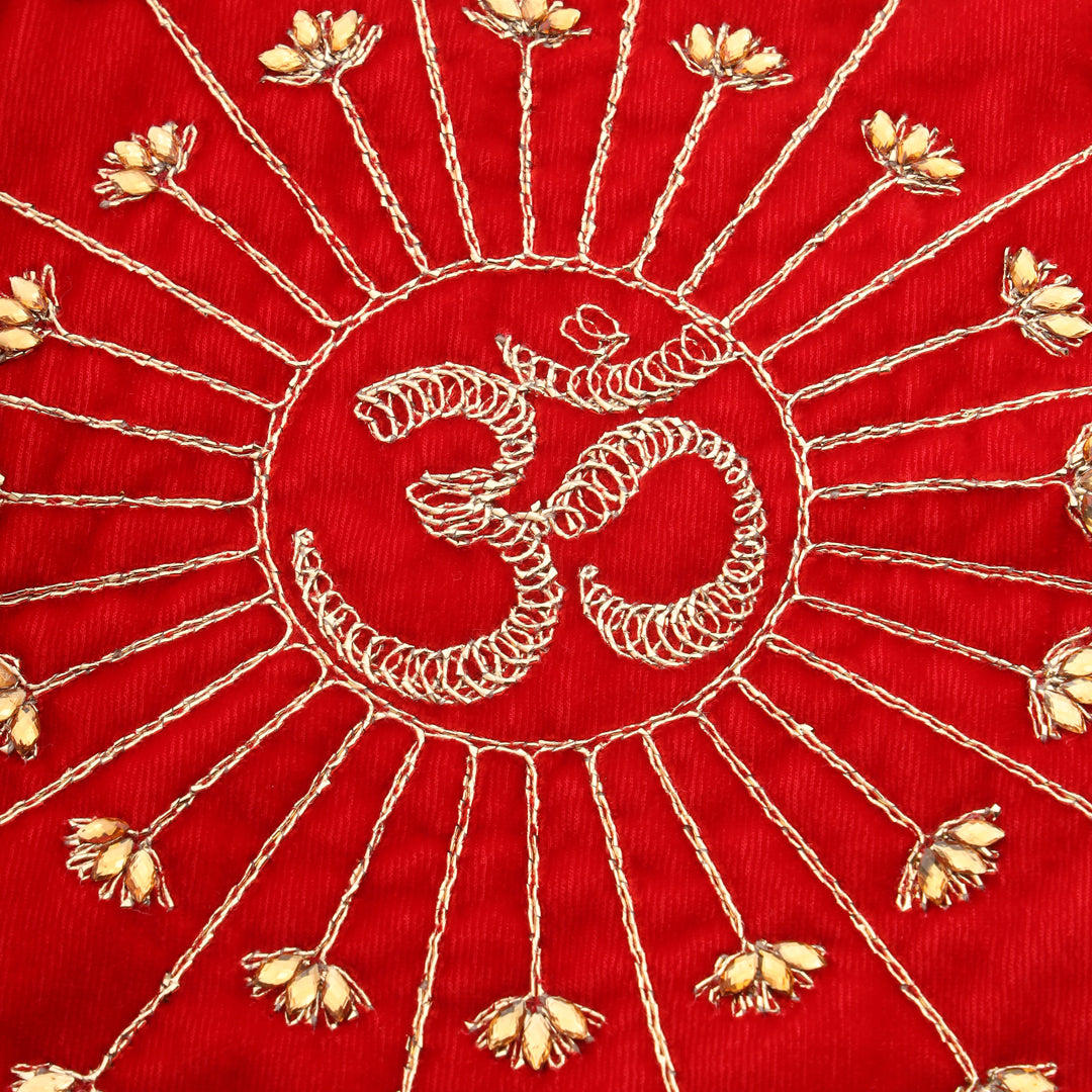 Pearl And Mirror Work Red Velvet God Pooja Asana (8 Inch)