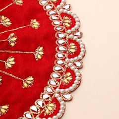 Pearl And Mirror Work Red Velvet God Pooja Asana (8 Inch)