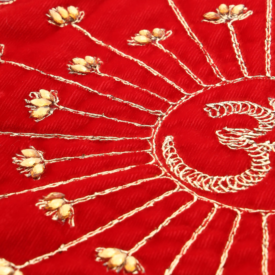 Pearl And Mirror Work Red Velvet God Pooja Asana (8 Inch)