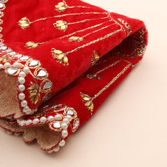 Pearl And Mirror Work Red Velvet God Pooja Asana (8 Inch)