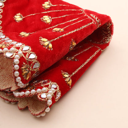 Pearl And Mirror Work Red Velvet God Pooja Asana (8 Inch)