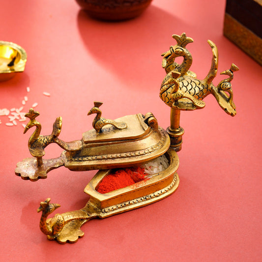 Brass Seven Peacock Kumkum Box (4.5 Inch)