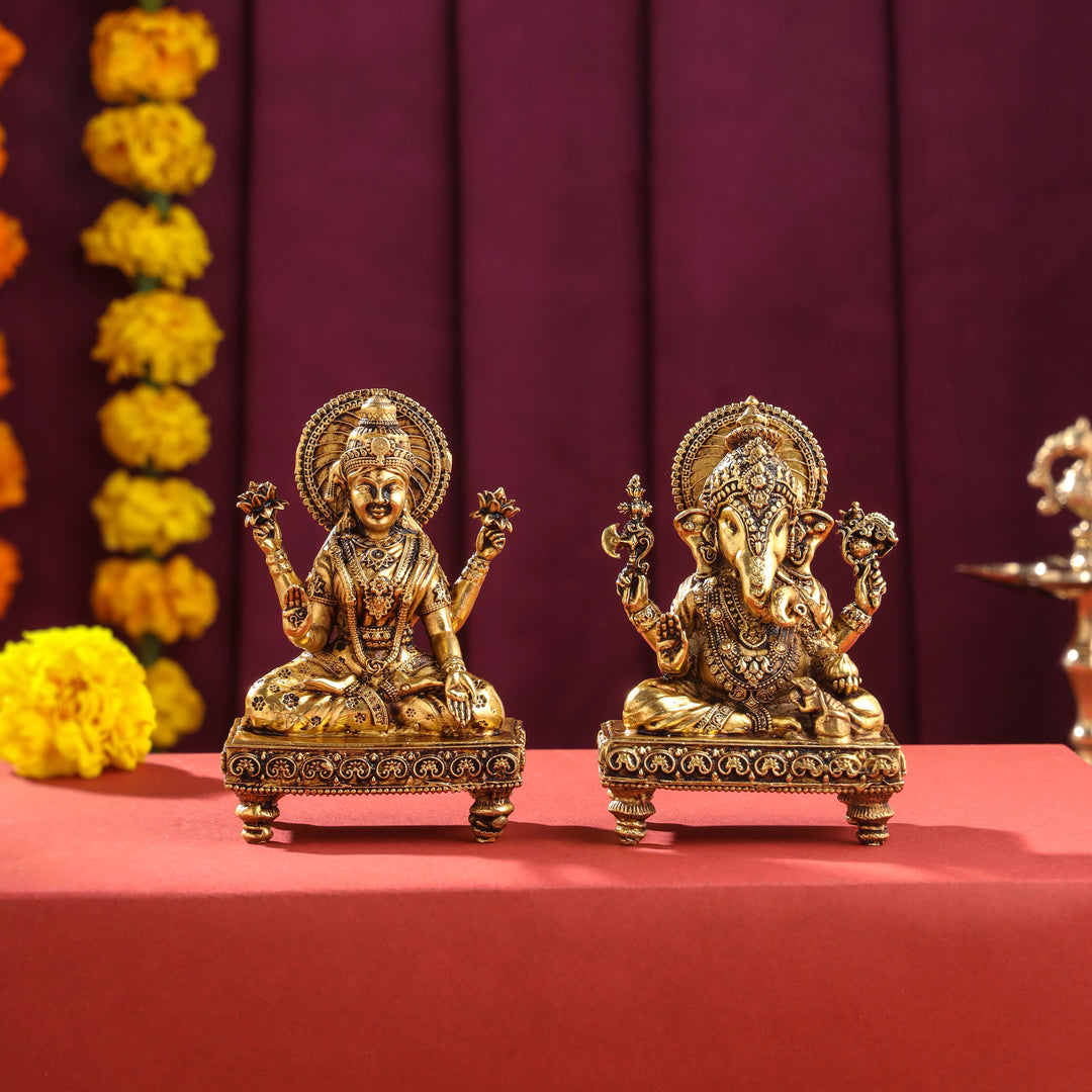 Brass Superfine Chowki Ganesha And Lakshmi Idols Set (4 Inch)