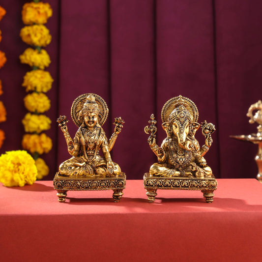 Brass Superfine Chowki Ganesha And Lakshmi Idols Set (4 Inch)