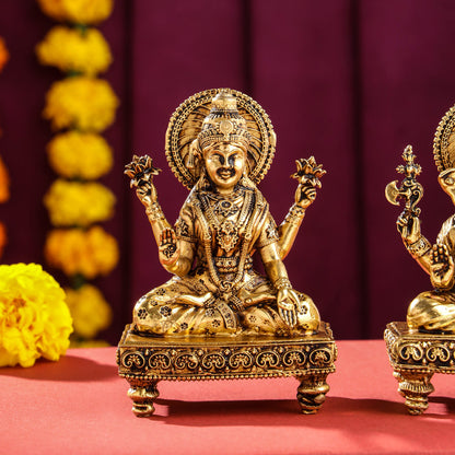 Brass Superfine Chowki Ganesha And Lakshmi Idols Set (4 Inch)