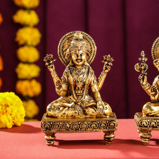 Brass Superfine Chowki Ganesha And Lakshmi Idols Set (4 Inch)