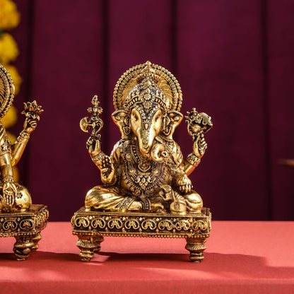 Brass Superfine Chowki Ganesha And Lakshmi Idols Set (4 Inch)