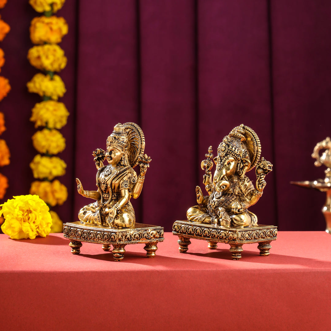 Brass Superfine Chowki Ganesha And Lakshmi Idols Set (4 Inch)