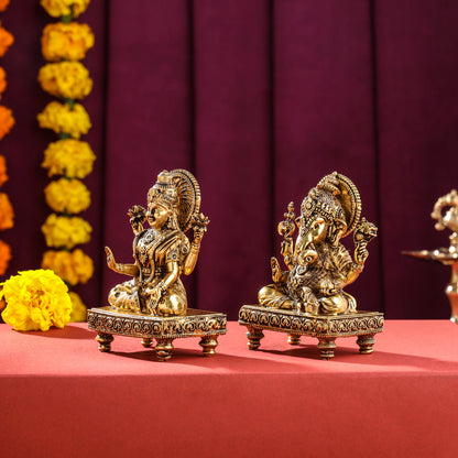 Brass Superfine Chowki Ganesha And Lakshmi Idols Set (4 Inch)
