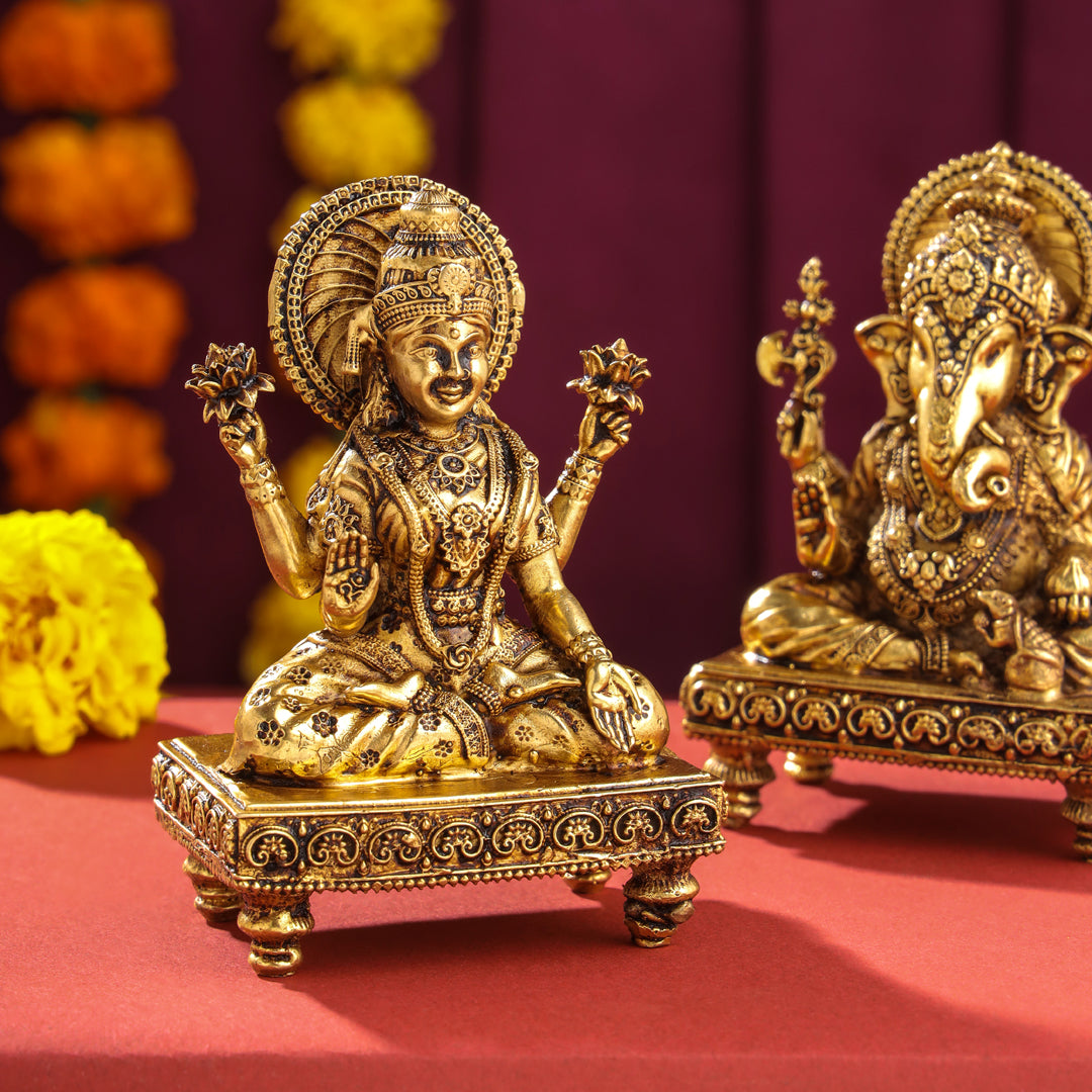 Brass Superfine Chowki Ganesha And Lakshmi Idols Set (4 Inch)