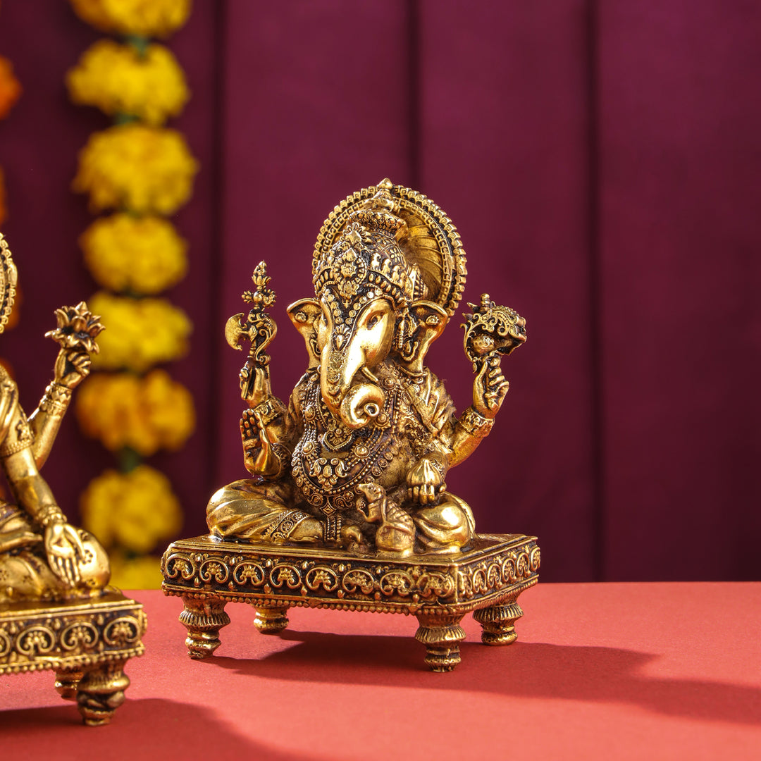Brass Superfine Chowki Ganesha And Lakshmi Idols Set (4 Inch)