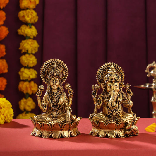 Brass Superfine Lotus Ganesha And Lakshmi Idols (4 Inch)